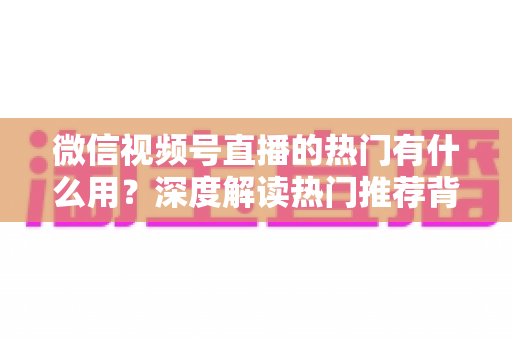 微信视频号直播的热门有什么用？深度解读热门推荐背后的流量价值与变现机会